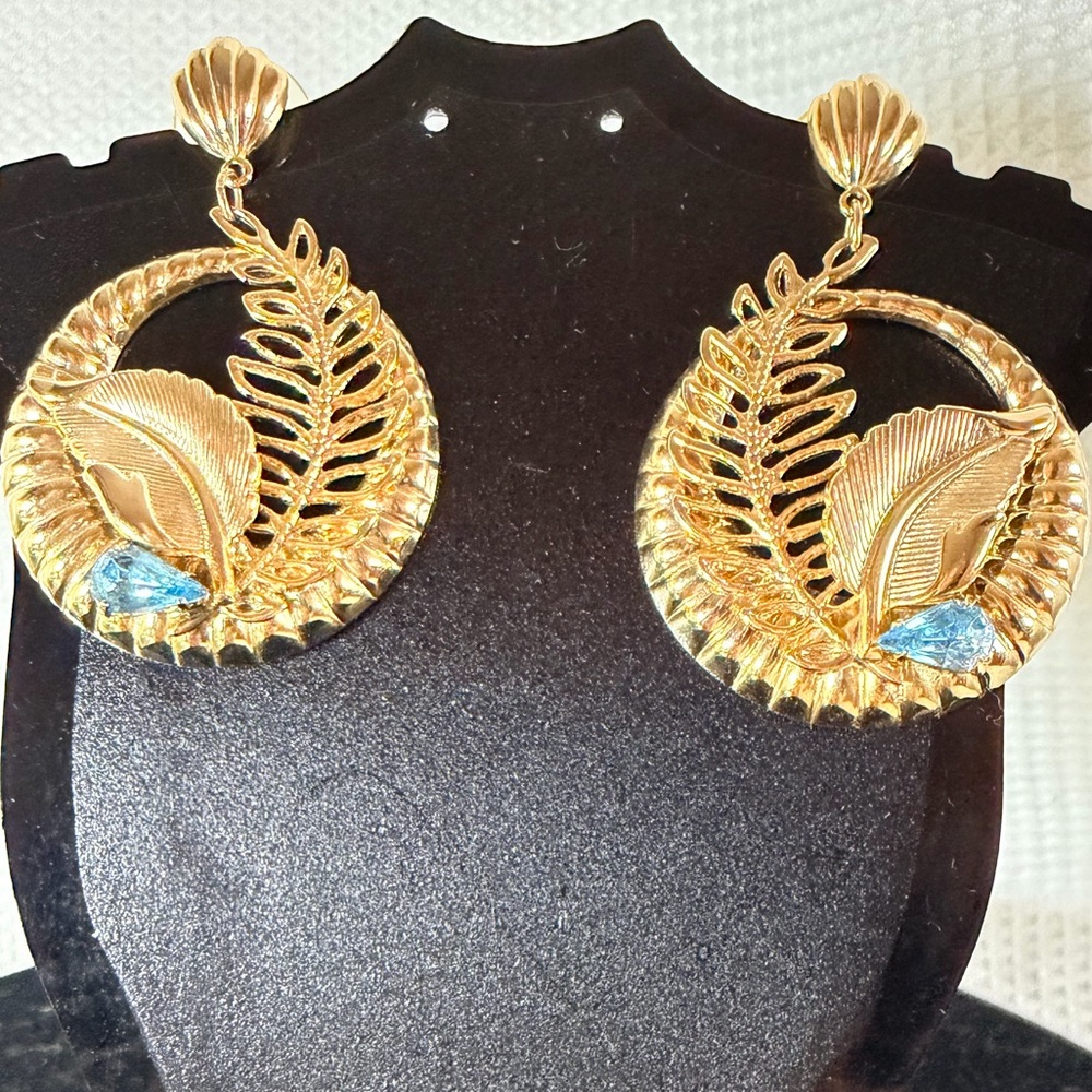 Elegant Vintage Gold and Blue Leaf Earrings
